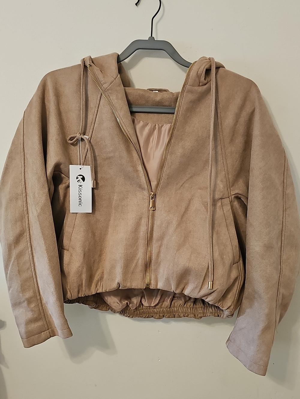 Taupe Suede Hooded Bomber Jacket